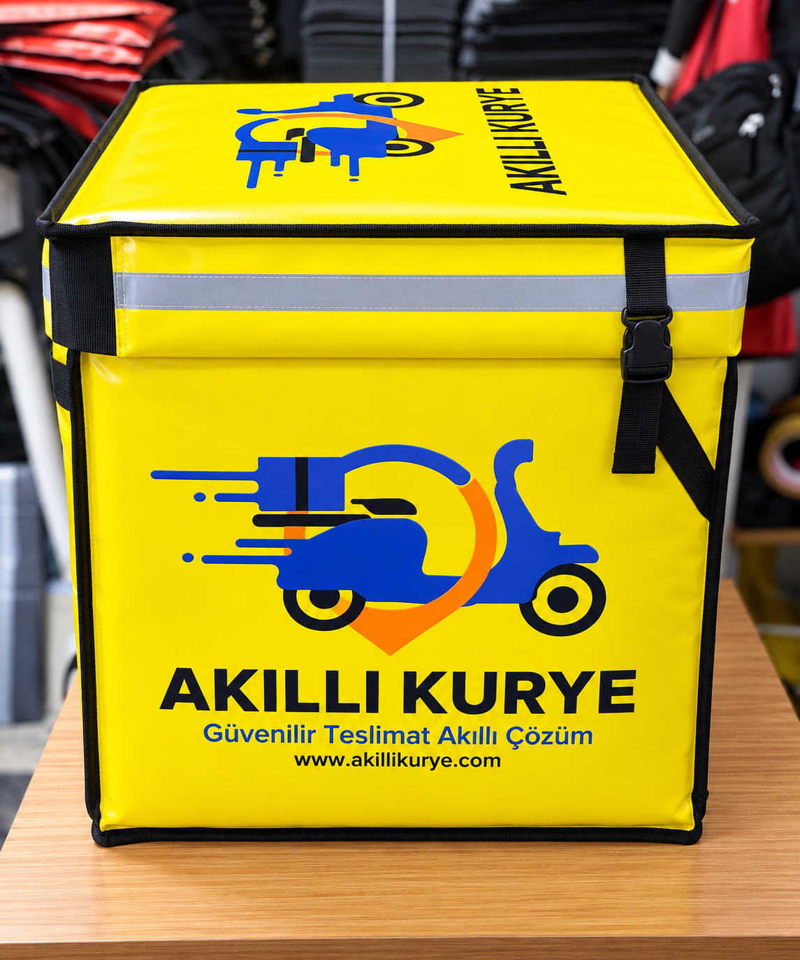 Asimetrik Yan Kilit Tokalı Kurye Çantası Sağ yan hatta konumlandırılmış kilit tokasına ve üst reflektöre sahip kurye çantası