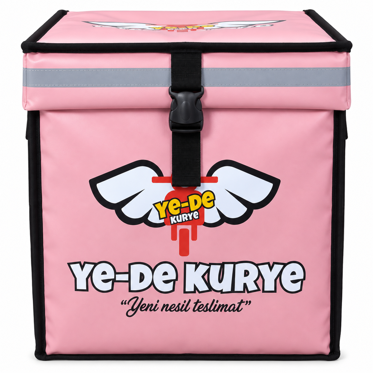 Kilit Tokalı Paket Servis Çantası Pembe renkli, reflektif şeritli ve üstten kilit tokalı paket servis çantası kurye çantaları