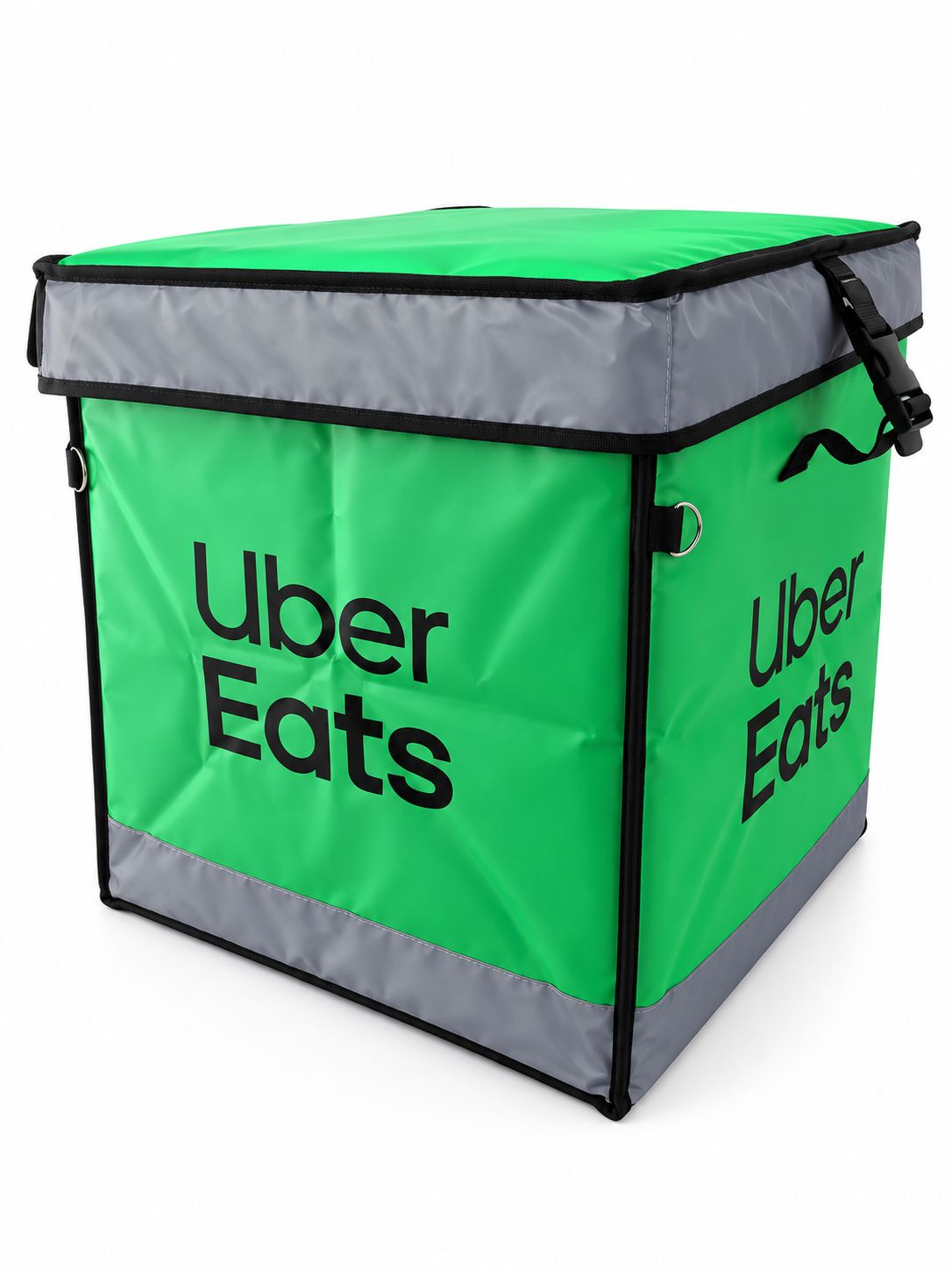 Sağ çaprazdan görünen tokalı kilit mekanizmalı yeşil Uber Eats motokurye çantası