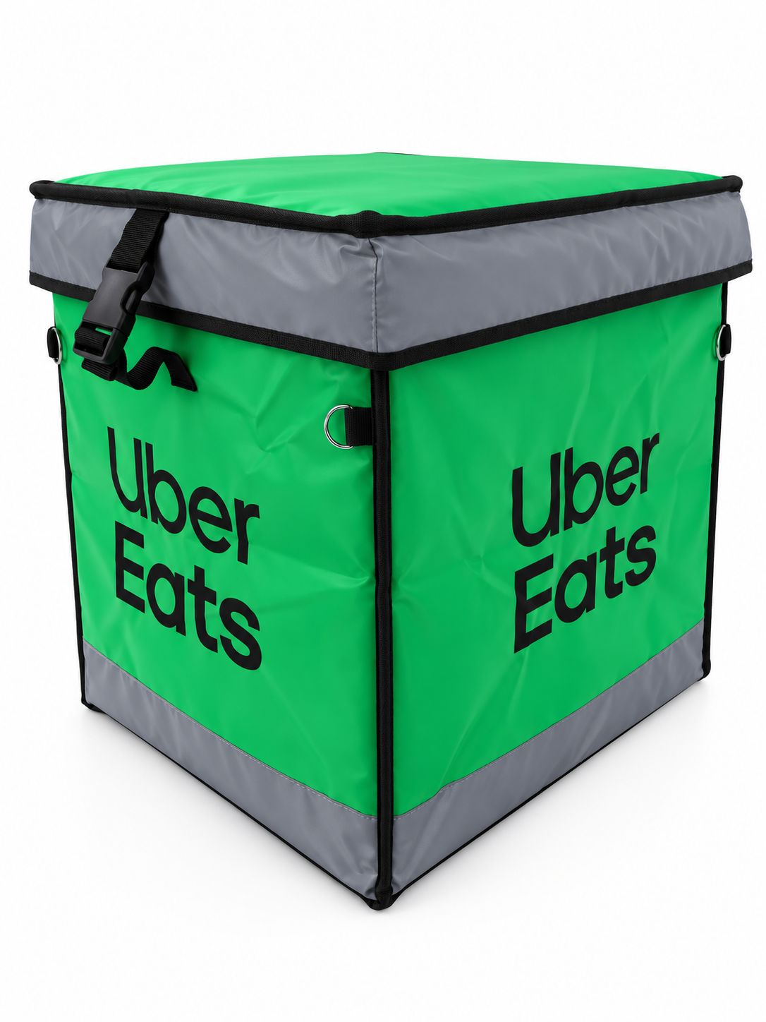 Sol yan yüzeyinde ve önünde logo bulunan gri reflektörlü Uber Eats kurye servis çantası