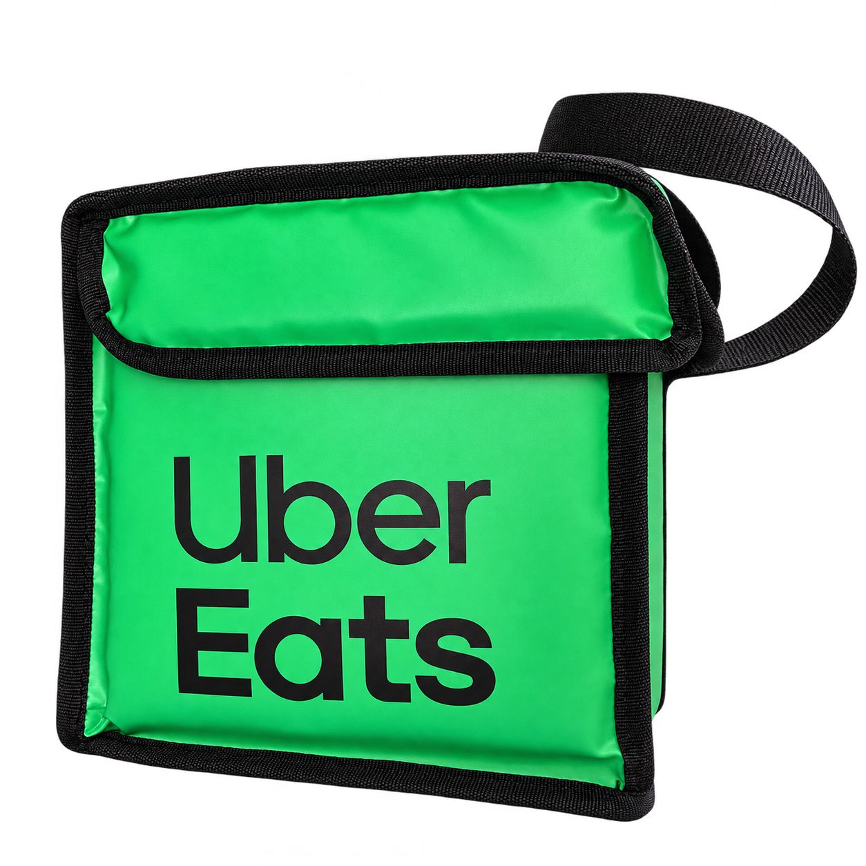 Yeşil renkli cırt cırtlı kapaklı ve el askılı küçük boy Uber Eats kurye çantası