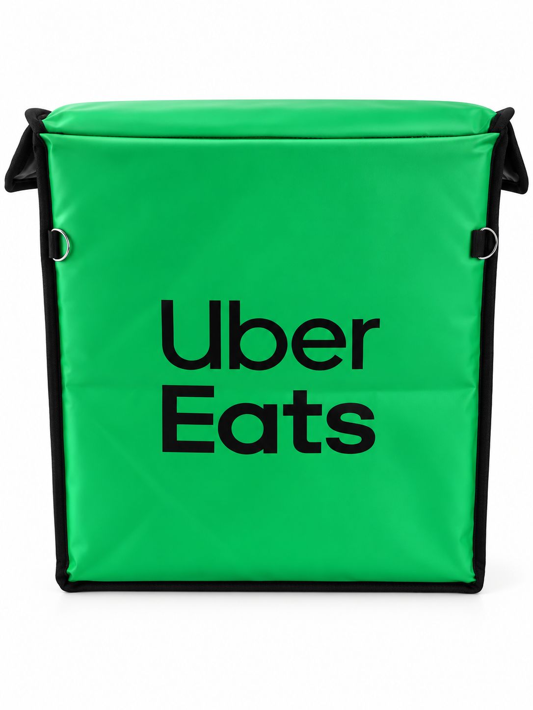 Yan taraflarında sabitleme halkaları bulunan yeşil renkli Uber Eats kurye çantası