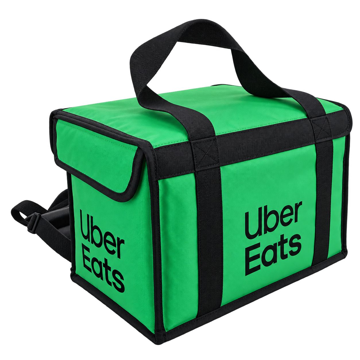 Siyah elde taşıma kulpları ve sırt askıları bulunan yeşil Uber Eats kurye yemek çantası