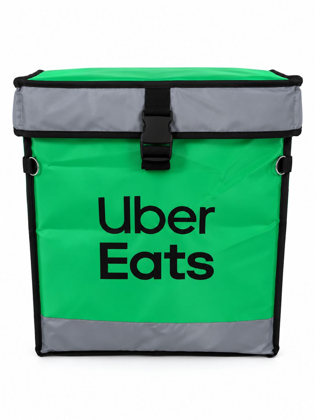 Alt ve üst kısmında gri reflektör şerit bulunan tokalı yeşil Uber Eats motokurye sırt çantası