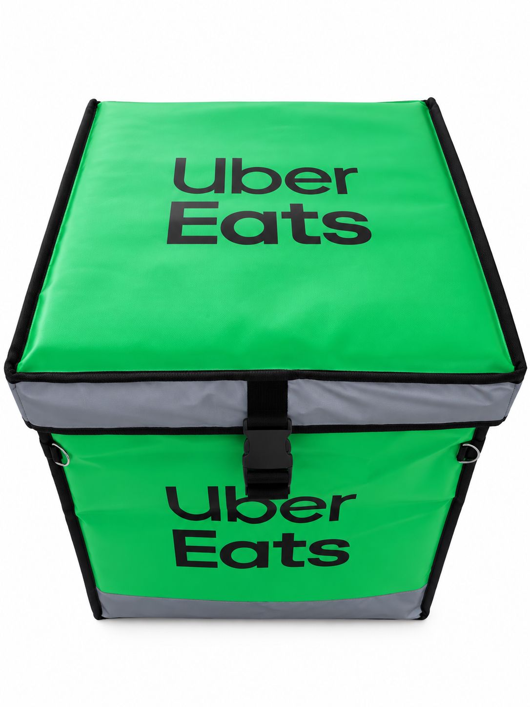 Üst kapağında ve ön yüzeyinde logo bulunan tokalı Uber Eats kurye motor çantası