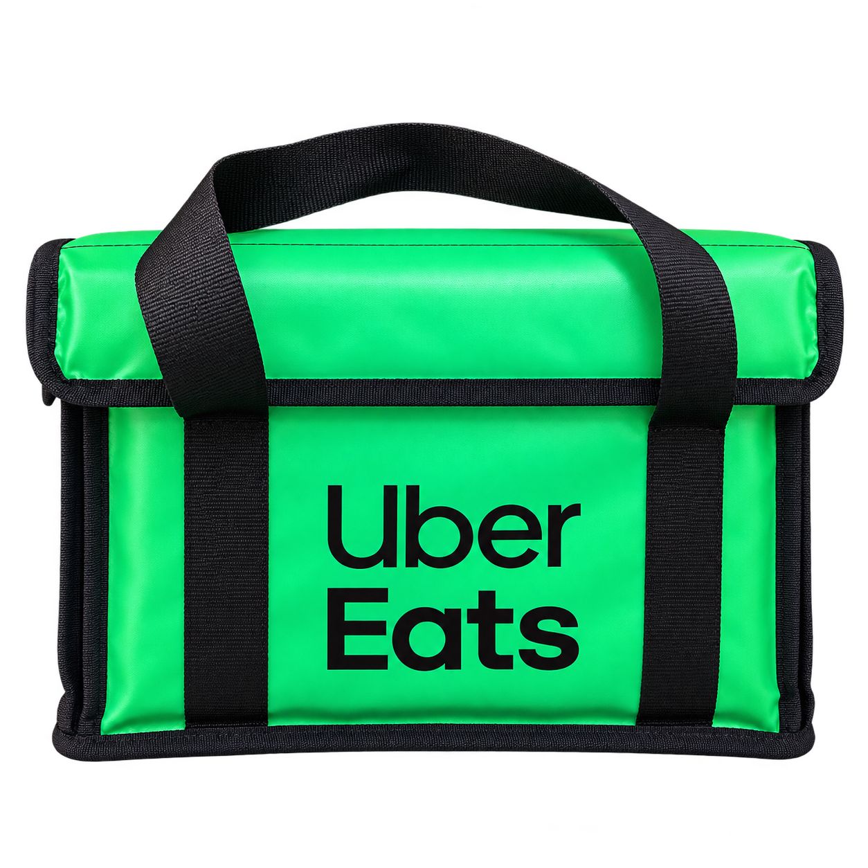 Siyah geniş elde taşıma kulplu yatay formda yeşil Uber Eats kurye çantası